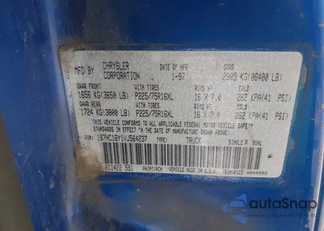 1997 Dodge Ram 1500 Lt from USA, damaged, VIN 1B7HC16Y1VJ564237